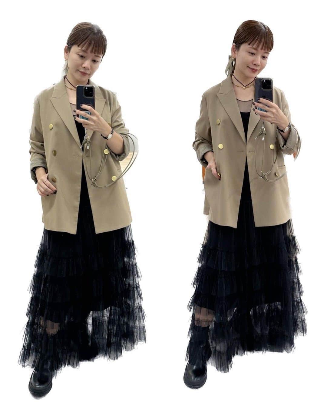 高山直子のインスタグラム：「今日は色々充実した日中でした😎夜はインスタライブ🎙️ ぽかぽかしてたのでノースリーブワンピにお気に入りジャケットで🤎 アイテムはタグ付けしてます🏷️」
