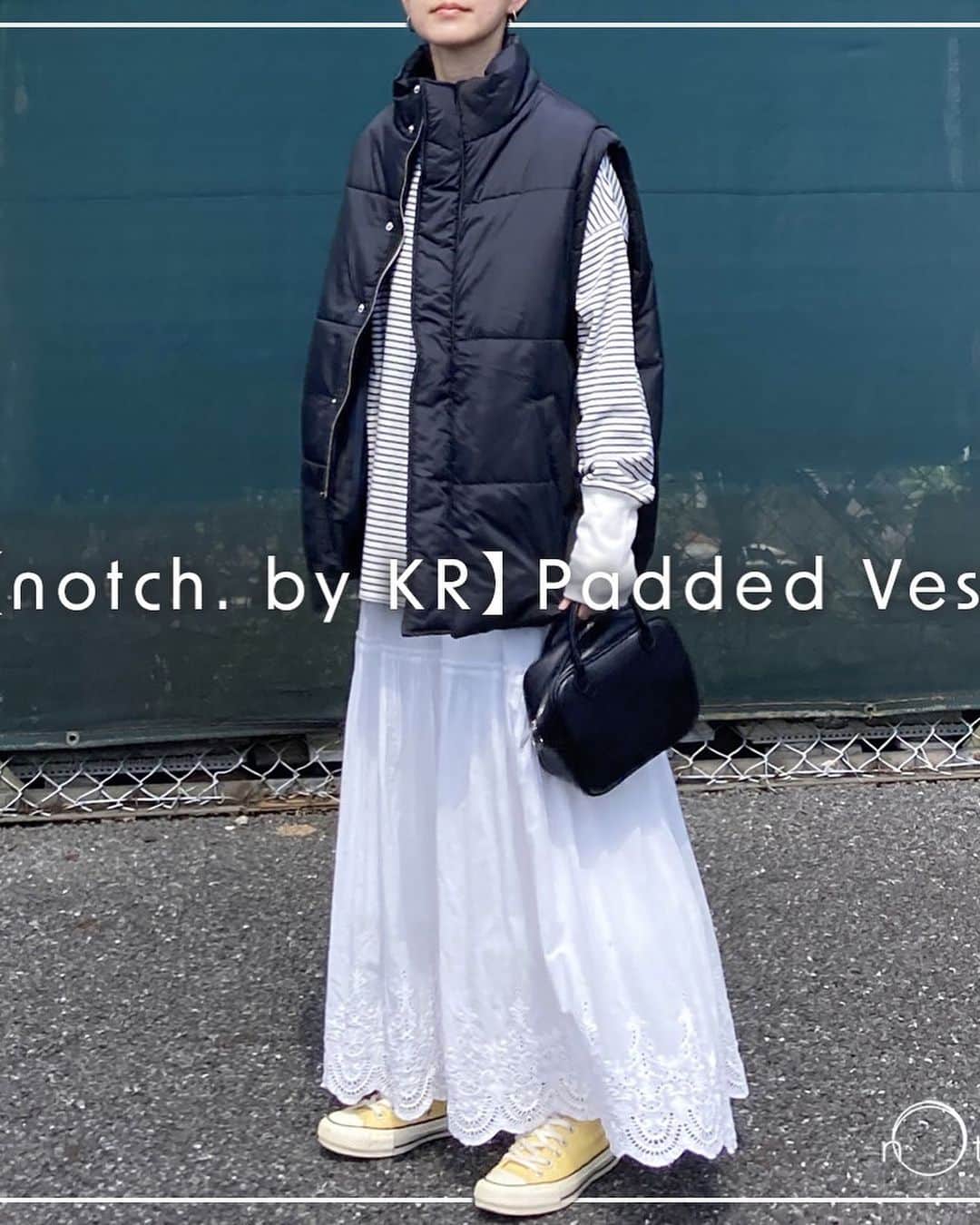 のインスタグラム：「【 notch.by KR】パデッドベスト  人気インフルエンサー @k664r さんとのコラボ企画第一弹！！パデッドベスト販売中  price: ¥6,996（税込） color:オフホワイト、ネイビー、ブラック  KR さんとnotch.のコラボで生まれたボリューミーなパデッドベスト。 今シーズンらしいレイヤードスタイルを楽しめるうえに幅広いコーデと相性が良いので秋冬重宝する1枚になること間違いなし！  notchオフィシャルサイトでは1000円クーポンがでてるのでお得に購入できます♪」