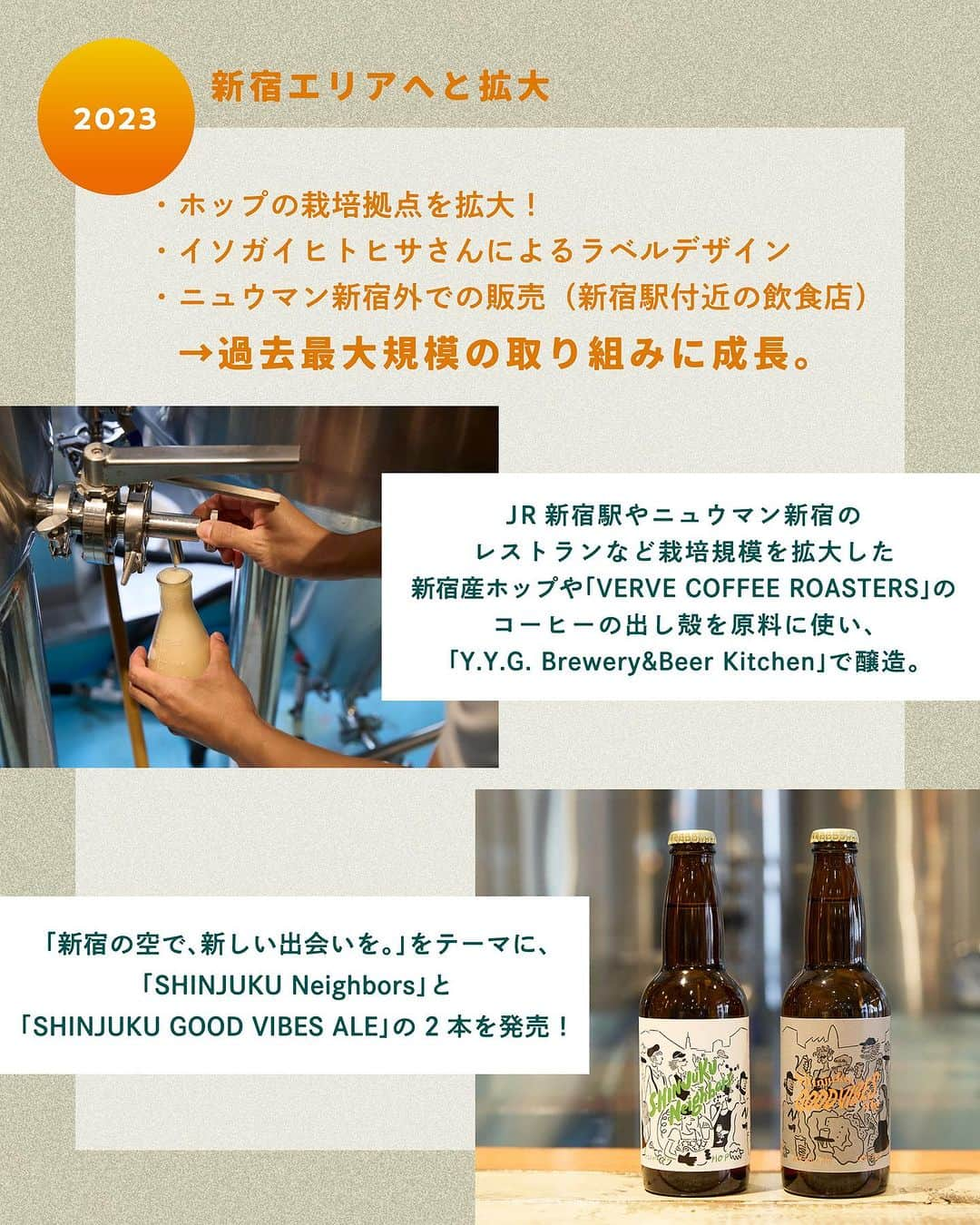 NEWoMan_officialさんのインスタグラム写真 - (NEWoMan_officialInstagram)「［ Introduction ］ 🌱 NEWoMan SHINJUKU 2023 SHINJUKU HOP PROJECT 🍻   2021年から、3か年計画で実施している 「SHINJUKU HOP PROJECT」。 新宿エリアで活動する方々にお力添えをいただき ホップの生育から収穫、仕込みや味決めにいたるまで ビール造りを通じて、新宿のエリア全体で 地域との繋がりを深めていきました。   2021年、ニュウマン新宿屋上庭園から スタートしたこの取り組みは 2022年にはショップを巻き込み、ステークホルダーを拡大。 そして3年目となる今年はさらに規模をひろげ、 「新宿の空で、新しい出会いを。」をテーマにした 「SHINJUKU Neighbors」と 「SHINJUKU GOOD VIBES ALE」の 2種類のビールが完成しました！   次回から、ボトルのラベルデザインを担当する イラストレーター・イソガイ ヒトヒサさんと ビールの醸造を担当する「Y.Y.G. Brewery & Beer Kitchen」 ブルワー・上野 雄也さんのインタビュー、そしてお2人の ビールにまつわるトークを順次お届けしていきます。 ぜひご覧ください！   - - - - - - - - - - - - - - - - - - - - -   #NEWoMan #ニュウマン #NEWoMan新宿 #ニュウマン新宿 #NEWoManSHINJUKU #SHINJUKUHOPPROJECT #新宿ホッププロジェクト #クラフトビール #クラフトビール好き #ビール #🍺 #ビール好き #ホップ栽培 #屋上庭園 #ソラドファーム #TOKYO #東京 #SHINJUKU #新宿 #instagood」10月20日 19時07分 - newoman_shinjuku