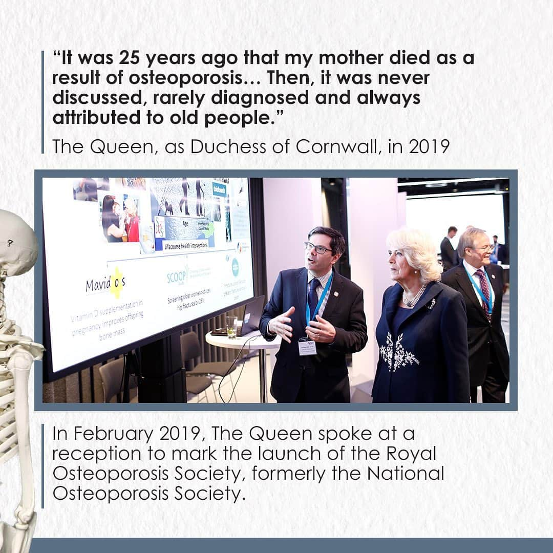 ロイヤル・ファミリーさんのインスタグラム写真 - (ロイヤル・ファミリーInstagram)「Today is World Osteoporosis Day. 🦴   Osteoporosis is a fragile bone condition which leads to painful and often debilitating broken bones. It is estimated to affect 3.5 million people in the UK.   The @RoyalOsteoSoc is The Queen’s longest standing patronage, having supported the charity since 1994, after seeing her mother and grandmother suffering with the condition.   👈 Swipe across to read more about Her Majesty’s ongoing work in this area, and head to @royalosteosoc to find out about the support they provide.」10月20日 19時09分 - theroyalfamily