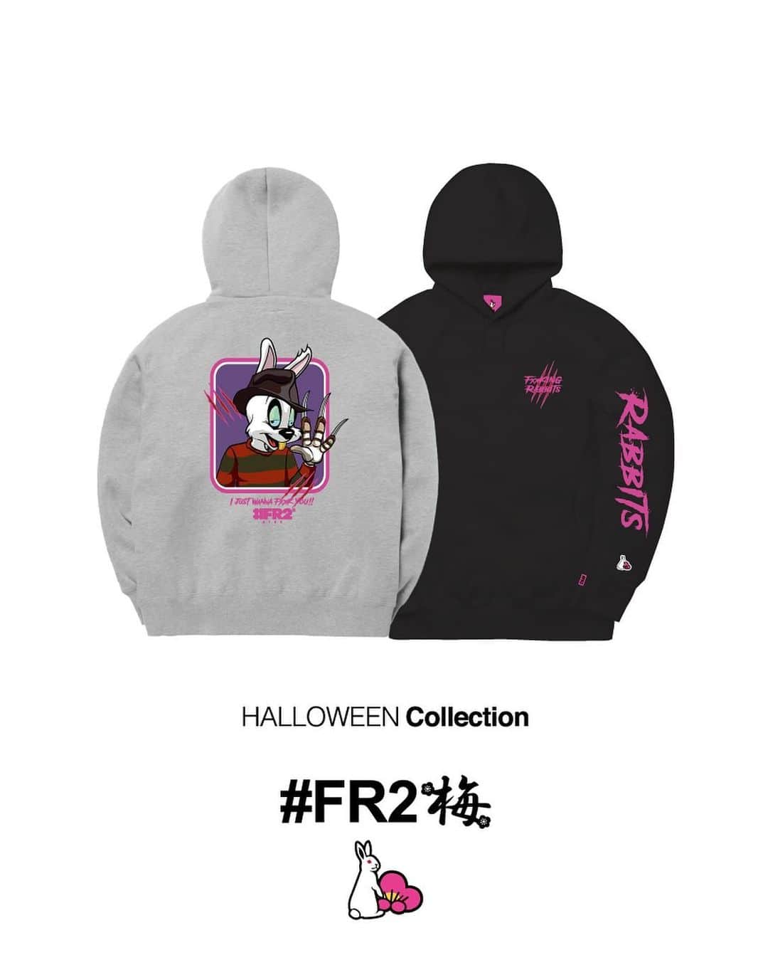 #FR2梅(UME)のインスタグラム：「Hope you enjoy a spooky night. 🎃  We will be selling the following products starting on 21/10/2023(Sat)  2023/10/21(Sat).より下記の商品を発売します。  ▪️The Ripper Hoodie  #FR2梅 #fxxkingrabbits #頭狂色情兎」