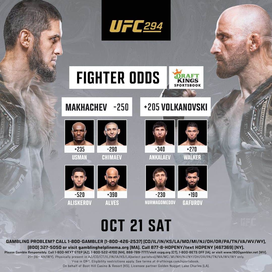 UFCのインスタグラム：「The odds are in! 🤑 Who you got for these #UFC294 bouts?  [ Saturday at 2pmET / 11amPT | LIVE on ESPN+ PPV | B2YB @DraftKings_Sportsbook ]」