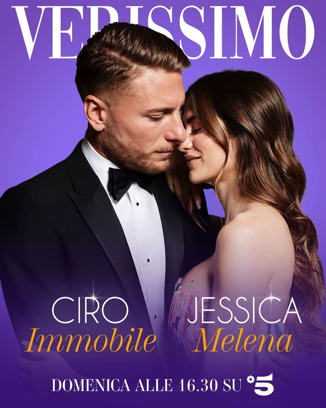 ジェシカ・メレナのインスタグラム：「Prima intervista a #Verissimo per il capitano della Lazio e della Nazionale Ciro Immobile e la moglie Jessica Melena 💜 Vi aspettiamo domenica alle 16.30 su #Canale5 ✨」