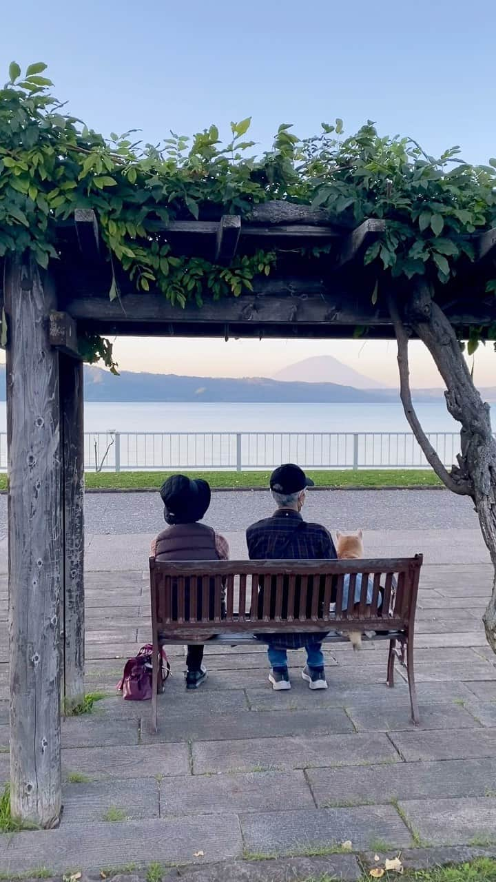 柴犬 けんしろう ゆりあのインスタグラム：「🐶🗻🚃🎆  北海道旅行2日目の宿泊先 洞爺湖へ到着🚙  夕暮れ時の美しい公園で ほのぼのお父さんお母さんけんゆり🫶 羊蹄山へ続く線路 千と千尋みたいだったなぁ🥺  ホテルにチェックインして ドッグランで遊んで ごはん食べて温泉に入った後は ホテルの目の前で上がる花火を堪能✨  夢のような時間でした🥰 (夢から覚めてもう1週間経ちましたが😭)  お泊まりしたホテルは ストーリーズにゆっくりまとめますね😊  #北海道 #洞爺湖 #羊蹄山 #湖底線路 #花火 #hokkaido」