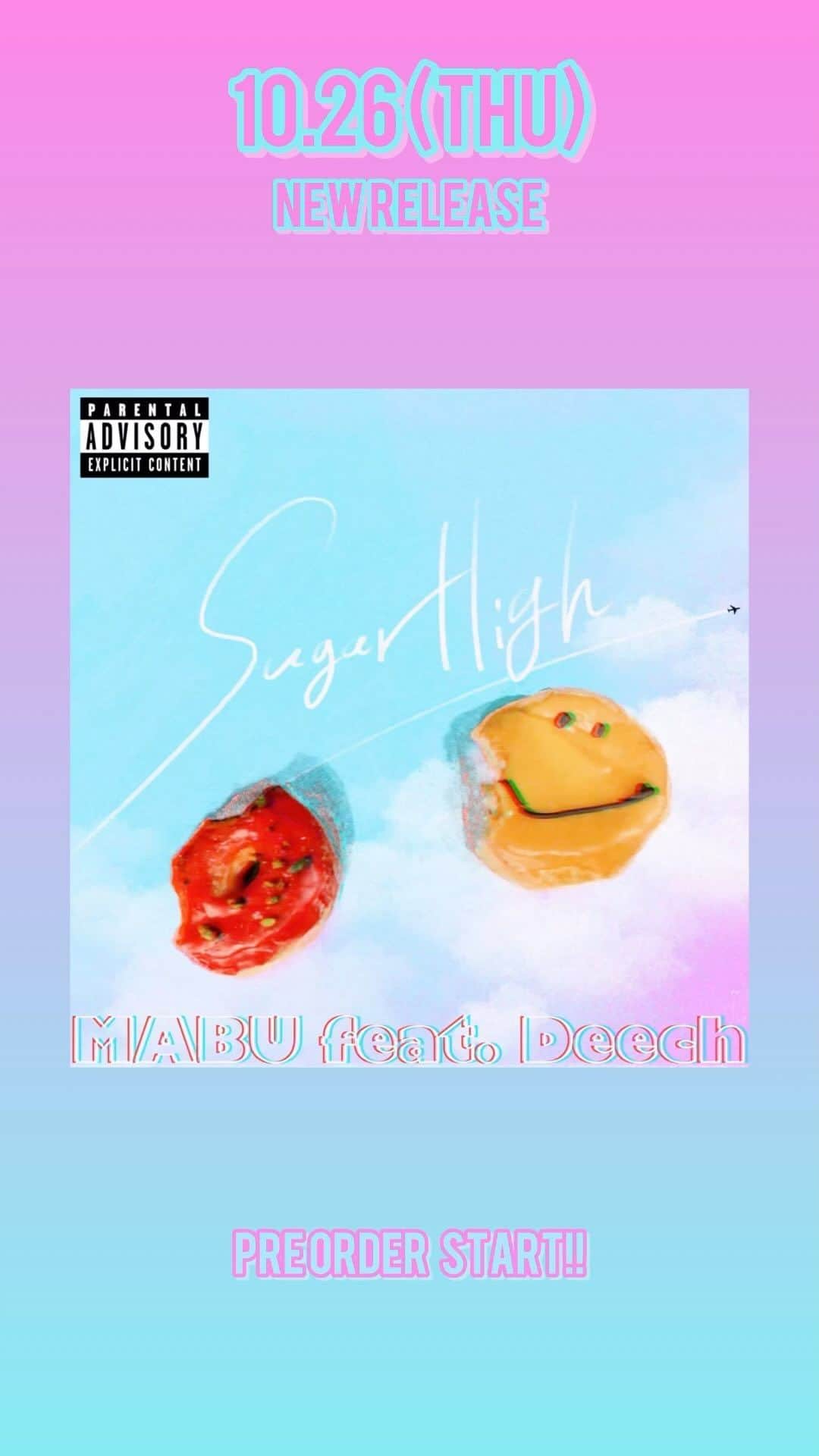 MABU（マブ）のインスタグラム：「10月26日(木) 『SUGAR HIGH feat. @deech_v 』がリリースされるよ🍩✈️🍭 プレオーダーもスタートしたからチェックよろしく🙋‍♂️ ビデオも撮影したから楽しみにしてて📈  #MABU feat. #Deech #SUGARHIGH #甘さ控えめな俺のLIFE」