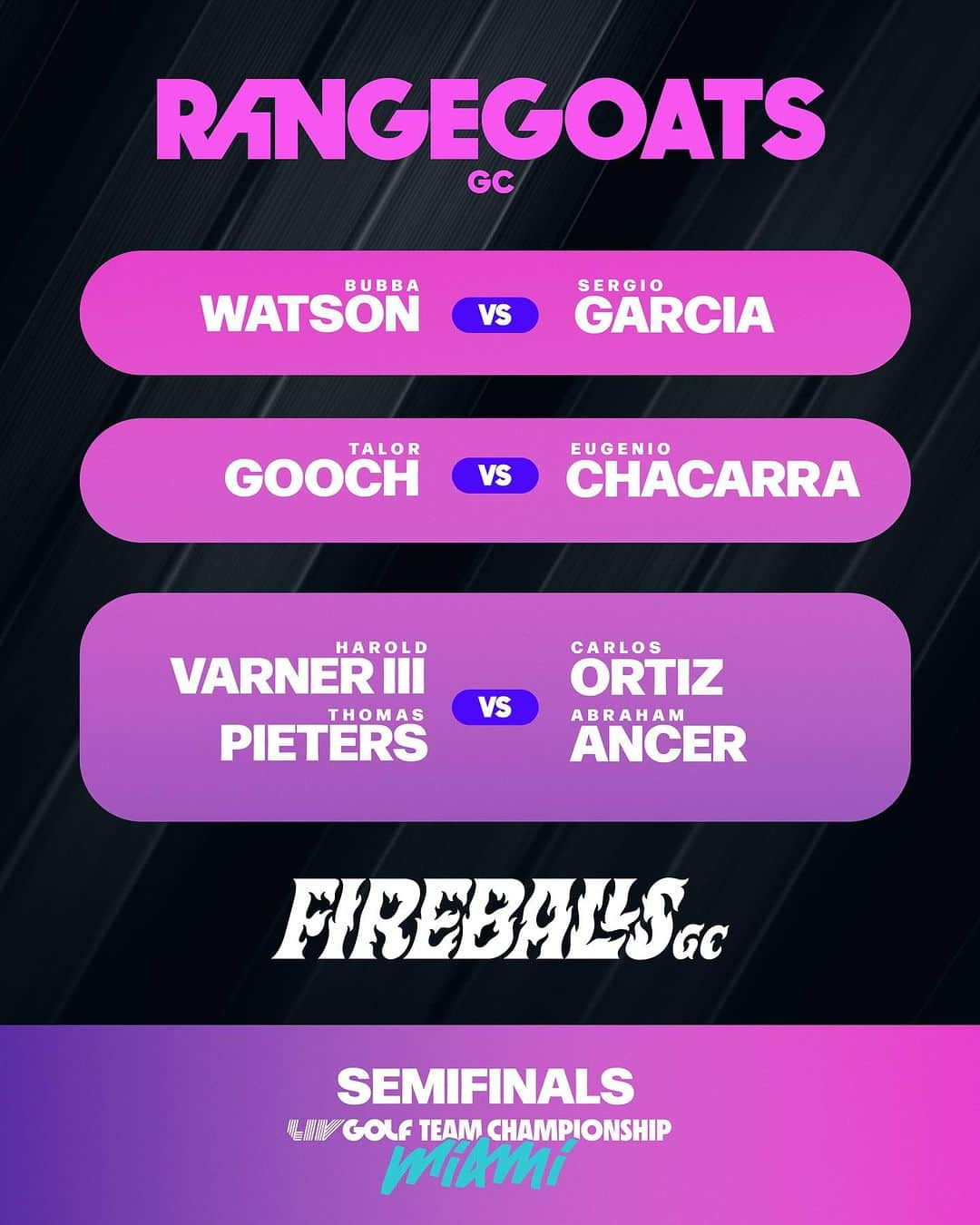 バッバ・ワトソンのインスタグラム：「Here is our match ups tomorrow. Who is ready to put @fireballsgc_ flame out? #RangeGoatsGC #goatgang #thewilljustbeaballwithoutfire」