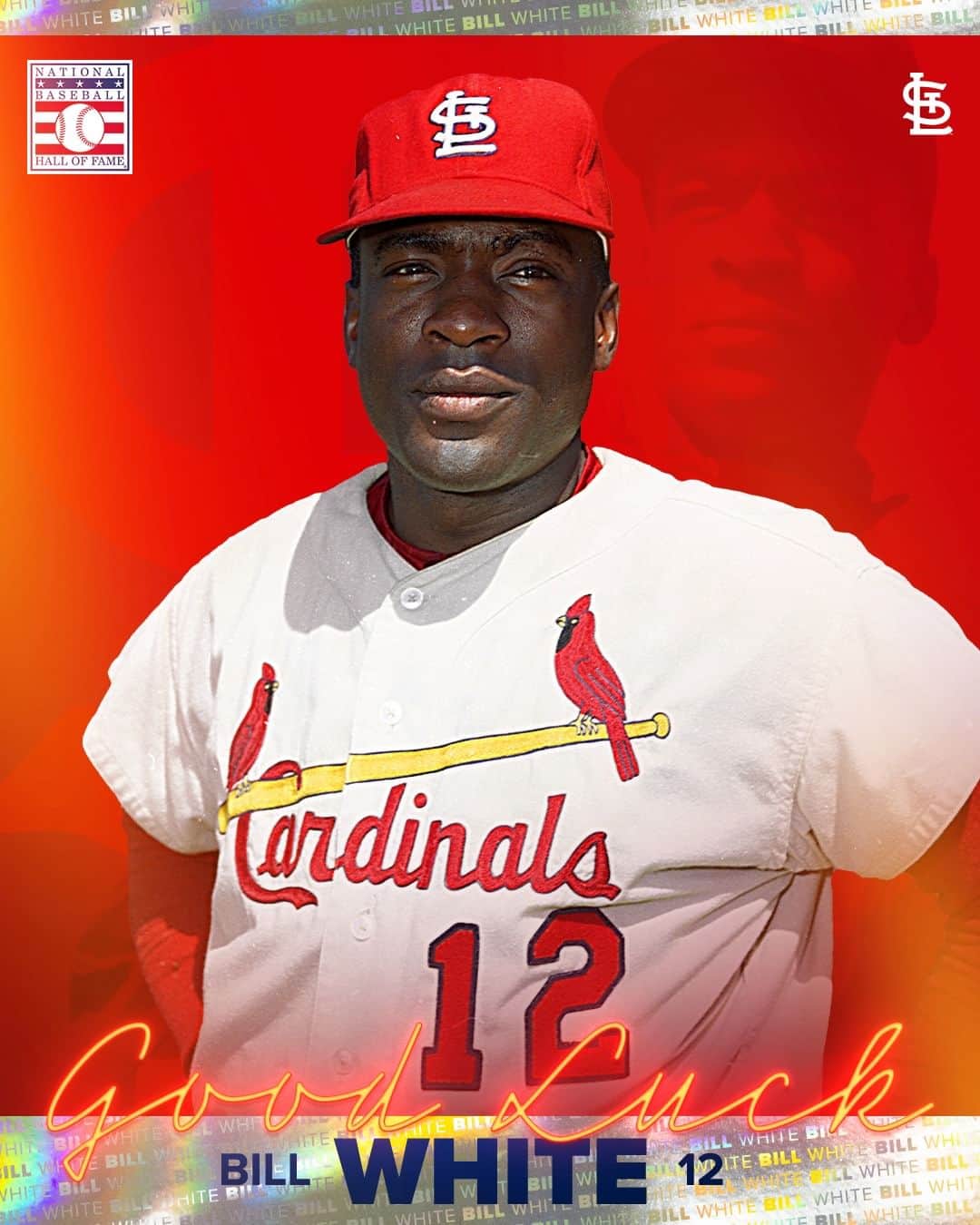 セントルイス・カージナルスのインスタグラム：「Congratulations to Cardinals Hall of Famer Bill White on his selection for the Contemporary Baseball Era Committee Hall of Fame ballot!   Over eight seasons in St. Louis, White was an 8x All-Star, 6x Gold Glove winner, and 1964 World Series champ with the Cardinals. Following his playing career, White became the first Black American to broadcast National Hockey League games as well as the first Black play-by-play team broadcaster in @mlb history.   In 1989, he was unanimously elected as the president of the National League, becoming the first Black American to hold the position in league history.」