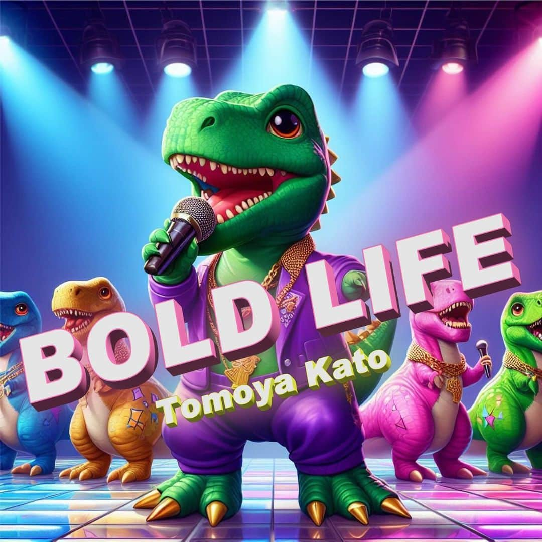 加藤友哉のインスタグラム：「3rd Single “BOLD LIFE” Out Now!!  人生を誰よりも楽しむことがテーマ🦖 この曲で歌い踊り明かそう🕺  The theme is to enjoy life more than anyone else.  Let’s dance ans sing our way through this song, celebrating life to the fullest!!  Jacket Design: Image Creator from Microsoft Bing, DALL·E 3.  #TomoyaKato #BOLDLIFE #Disco #Funk #Dance #ai #dalle3 #MicrosoftLife」