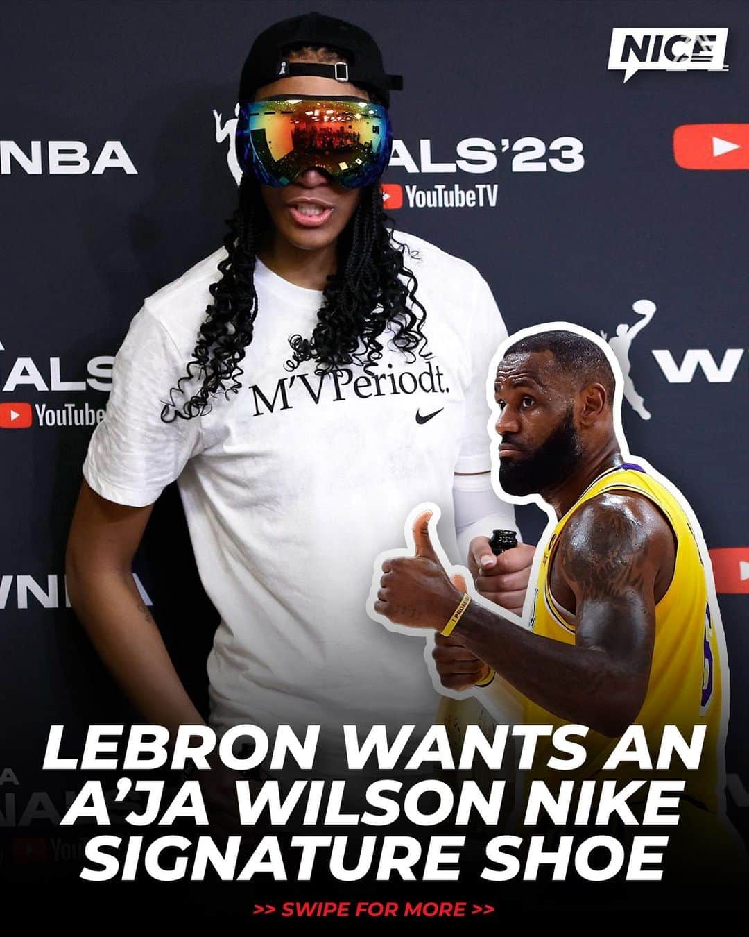のインスタグラム：「After winning her second straight WNBA Finals, @aja22wilson is getting a signature shoe co-sign from @kingjames 🔥🔥 @nicekickshoops」
