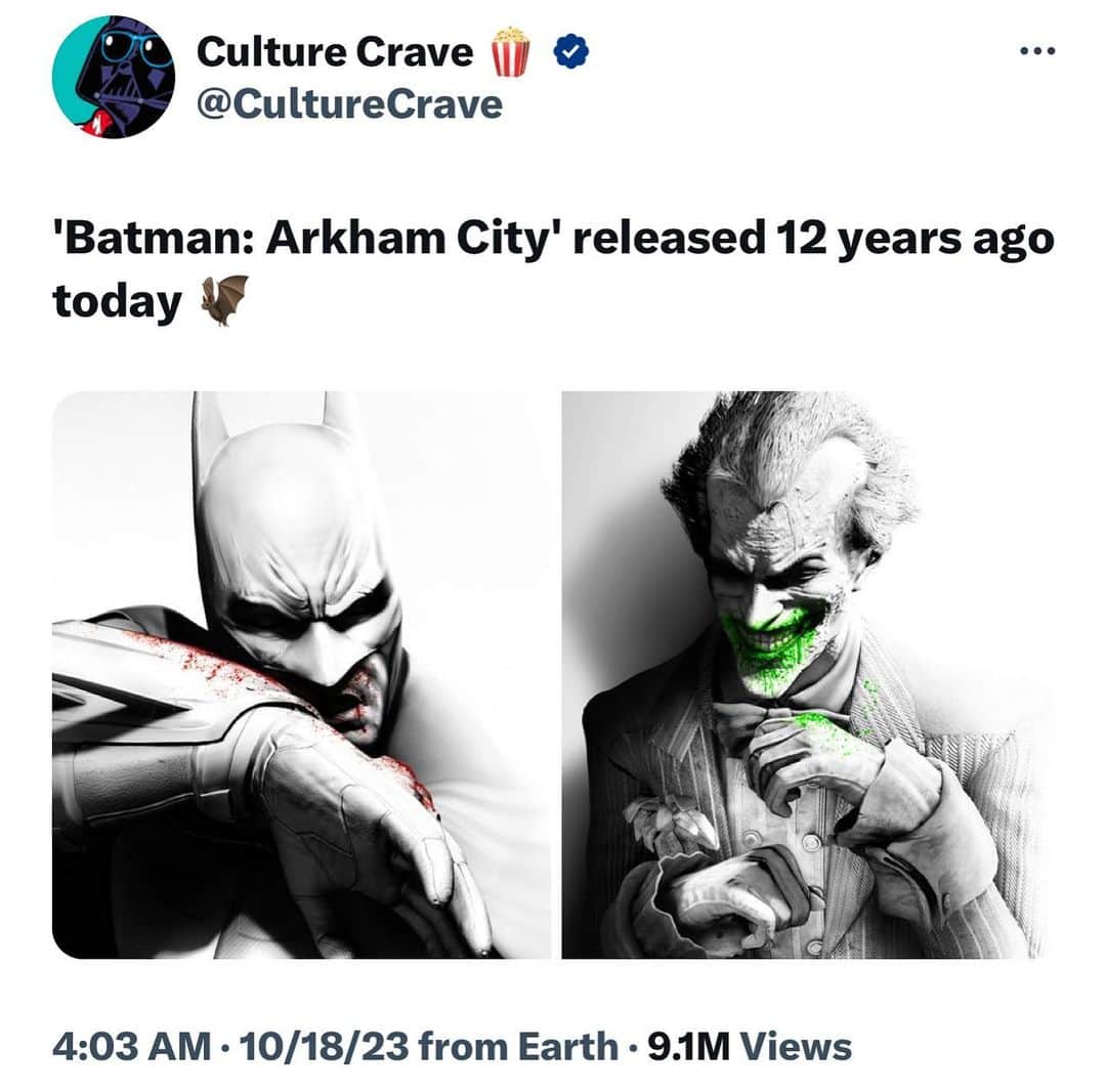 のインスタグラム：「12 years & a day ago today. Freed from the constraints of television's  Standards & Practices Dept. (TV censors) & aimed at a more mature audience, the Arkham trilogy was dark, gritty & extremely violent. This was a whole new Joker for me.  🦇vs 🃏」