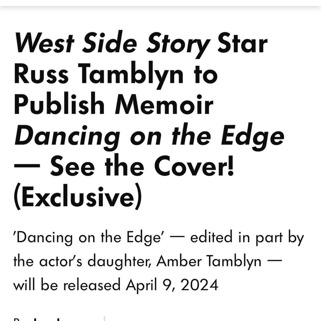 アンバー・タンブリンさんのインスタグラム写真 - (アンバー・タンブリンInstagram)「Here’s the cover for my dad’s memoir (thank you People Mag for the reveal!) and I’m so proud of this major life accomplishment happening at 88 years old. Dad’s been working on this book for over two decades alongside his co-writer Sarah Tomlinson, collecting his incredible stories of tumbling through Hollywood as an actor and acrobatic dancer, from teaching Elvis Presley some signature dance moves, to befriending Henry Miller, and starting an art and cultural revolution in Topanga in the 60’s alongside his peers and friends, Dennis Hopper, Neil Young, and Dean Stockwell. There’s behind the scenes from West Side Story, Twin Peaks, working with Elizabeth Taylor and so much more. The book comes out April 9th 2024. I promise you won’t want to miss this wild slice of history. Pre-order link in my bio.  Love you, dad!   #WombtoTomb #WhenYoureAJet #RussTamblyn」10月21日 0時39分 - amberrosetamblyn
