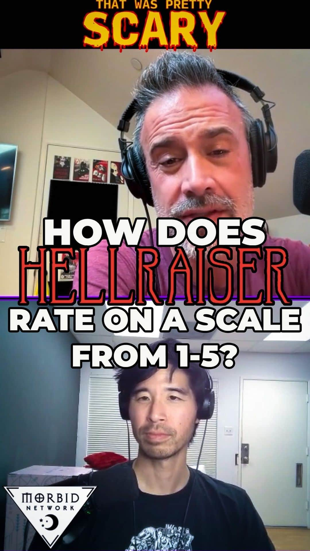 フレディ・プリンゼ・ジュニアのインスタグラム：「Time for RATINGS FRIDAY! FPJ and JLB give their hook rating for Clive Barker’s HELLRAISER. How many hooks would you give this movie on a scale from 1-5? ⬇️LET US KNOW IN THE COMMENTS!⬇️ . . . . . #thatwasprettyscary #twps #horror #podcast #morbid #wondery #clivebarker #hellraiser #ashleylaurence #spookyseason #wednesday #october #80s #pinhead #classic #friday #rating #tgif」