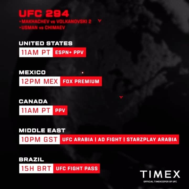 UFCのインスタグラム：「The lightweight title’s on the line TOMORROW! 🏆  What part of the globe are you watching from?  [ #UFC294 | B2YB @timex | Prelims 10amET | Main Card 2pmET | Live on ESPN+ PPV ]」