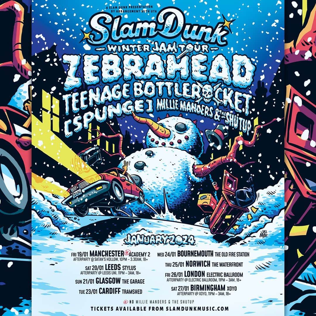 Zebraheadのインスタグラム：「Need to shake off the January blues? Need a taste of Summer before festival season? We have the perfect thing for you! We’re excited to announce the Slam Dunk Winter Jam Tour 2024 featuring our friends in Zebrahead, Teenage Bottlerocket, Spunge, and Millie Manders & The Shutup hitting the UK this January. Guaranteed party vibes! Tickets on sale from slamdunkmusic.com [slamdunkmusic.com] [slamdunkmusic.com]  Mon 23rd Oct @ 10am.」