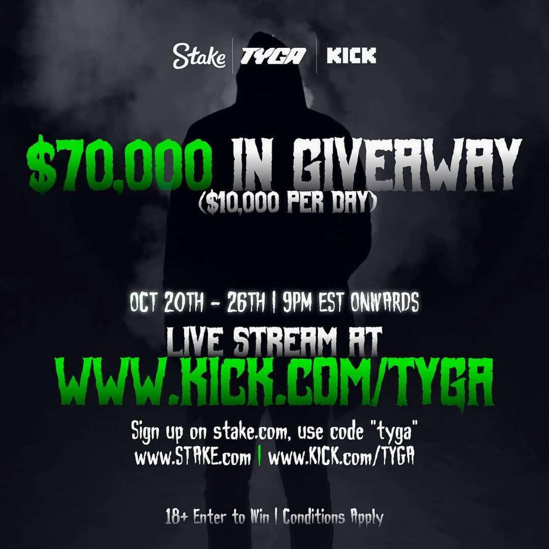 タイガのインスタグラム：「Goin live at 9pm est. Givin away 10k💰 every stream @kickstreaming @stake  Kick.com/Tyga」
