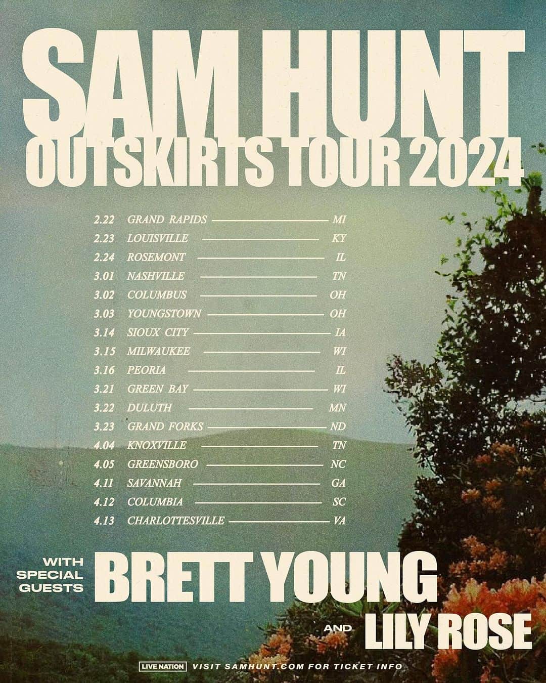 サム・ハントのインスタグラム：「Tickets for the Outskirts Tour 2024 are on sale now. See y’all next year!  Visit samhunt.com for tickets」