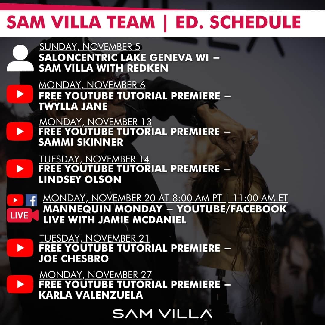 Sam Villaさんのインスタグラム写真 - (Sam VillaInstagram)「Mark Your Calendars 📅 Check out the education opportunities we have coming your way through the end of the year! ⁠ ⁠ The Sam Villa brand truly is about #ArtistsSupportingArtists and we feel so grateful to be able to provide our community with the opportunity to learn from so many talented artists with different approaches, techniques, and specialties. ⁠ ⁠ #SamVilla⁠ #SamVillaCommunity⁠ ⁠」10月21日 2時20分 - samvillahair