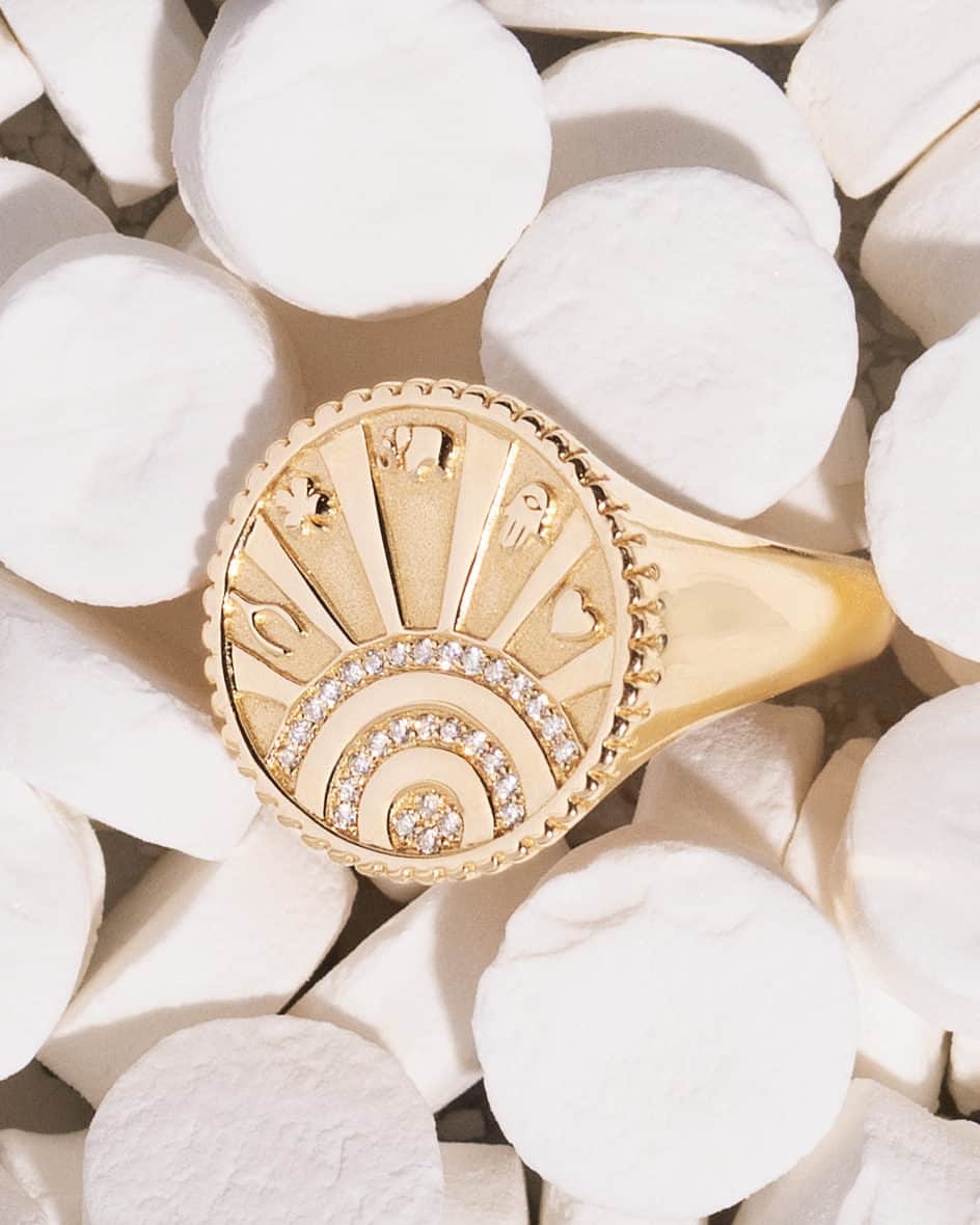 のインスタグラム：「Fresh Finds 🤩 Carry a token of luck with our new 14k gold and diamond Small Luck Coin Signet Ring. Featuring  meaningful symbols believed to bring good fortune, such as the elephant, hamsa, and wishbone, and more.」