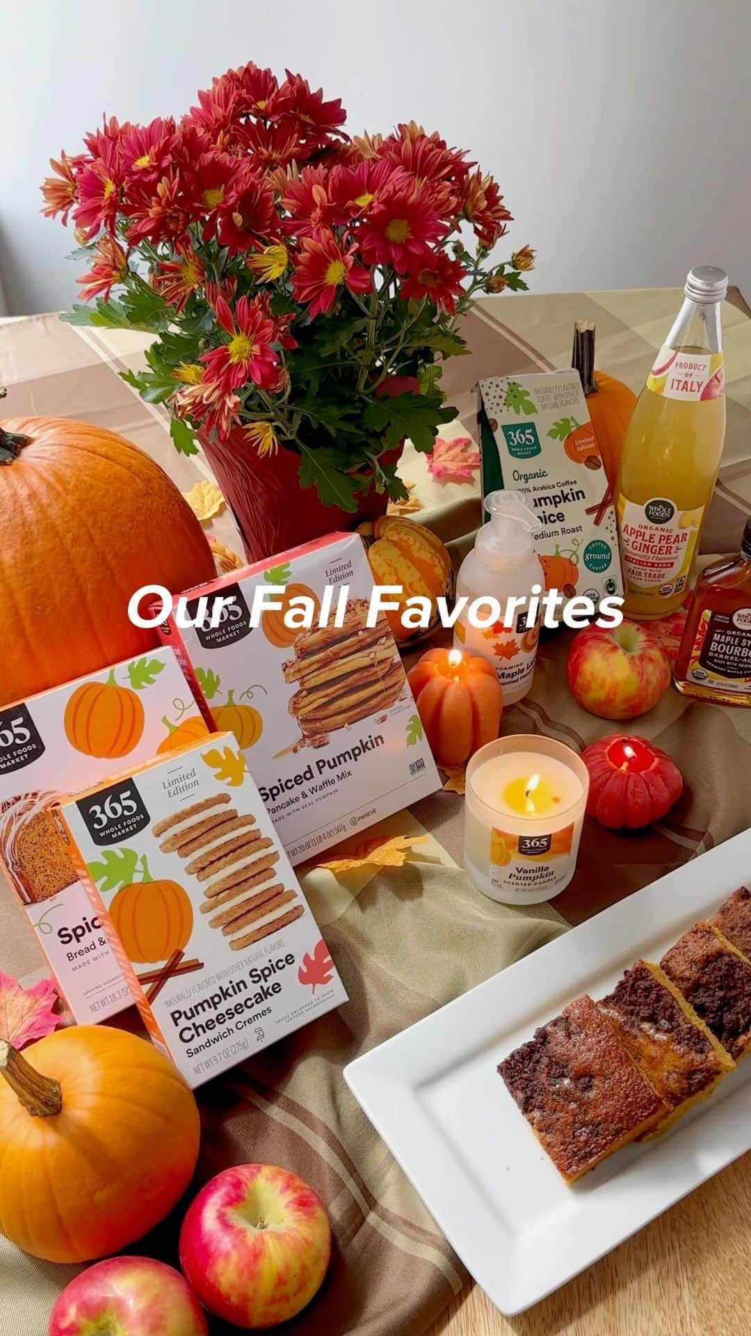 Whole Foods Marketのインスタグラム：「We’re loving these fall favorites now in store 🍁🍂🎃  🟠 365 Brand Vanilla Pumpkin Scented Candle 🟠 Whole Foods Market Organic Apple Pear Ginger Italian Soda 🟠 365 Brand Organic Pumpkin Spice Ground Coffee 🟠 Whole Foods Market Organic Bourbon Barrel-Aged Maple Syrup 🟠 365 Brand Maple Latte Foaming Hand Soap 🟠 365 Brand Spiced Pumpkin Pancake & Waffle Mix 🟠 365 Brand Spiced Pumpkin Bread & Muffin Mix 🟠 365 Brand Pumpkin Spice Cheesecake Sandwich Cremes 🟠 Whole Foods Market Pumpkin Blondies」