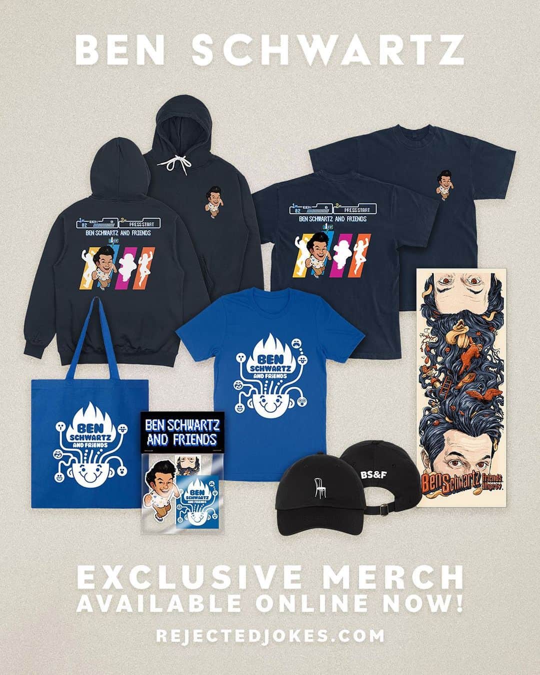 ベン・シュワルツのインスタグラム：「We aren't printing any new stock of these Ben Schwartz & Friends designs (outside of the hats maybe). So if you want any of these shirts, totes, signed posters and stickers. Time is running out. Grab 'em while they last! store.rejectedjokes.com」