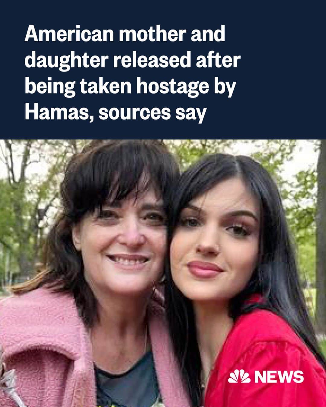 NBC Newsのインスタグラム：「Two Americans who were taken hostage by Hamas have been released, the Israeli government announced this evening.  They were received by officials at Gaza border and were "on their way to a meeting point at a military base in the center of the country, where their family members are waiting for them," officials said.  Read more at the link in bio.」