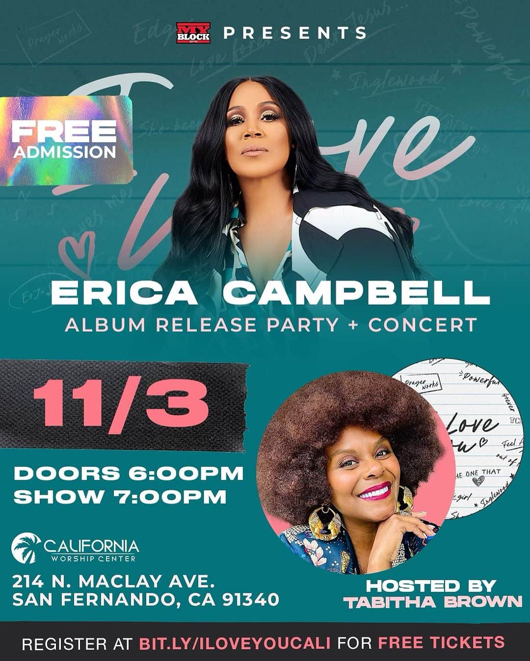 エリカ・キャンベルのインスタグラム：「I’m bringing I Love You HOME!!! Come meet me and the AMAZING @iamtabithabrown at @caliworship on November 3. I want to see EVERYBODY there!!!   #ECILoveYou #EricaCampbell #TabithaBrown #ILoveYouCali」