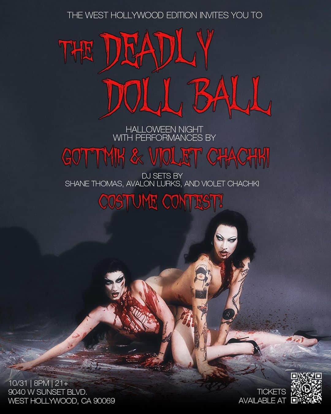ヴァイオレット・チャチキのインスタグラム：「Yes gorge! Los Angeles! October 31st! Halloween night! You’re invite to the DEADLY DOLL BALL! Get up close and personal with your favorite spooky bitches at @wehoedition performances by yours truly and @gottmik Dj sets by @avalonlurks  @shanethomas and @violetchachki get your tickets now via the link in my bio 💀🎃  📸 @angelrivz」