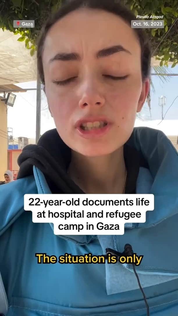 NBC Newsのインスタグラム：「22-year-old journalist Plestia Alaqad shares video diaries from a hospital and refugee camp in Gaza amid two weeks of a "complete siege" by Israel and a dire humanitarian crisis.」
