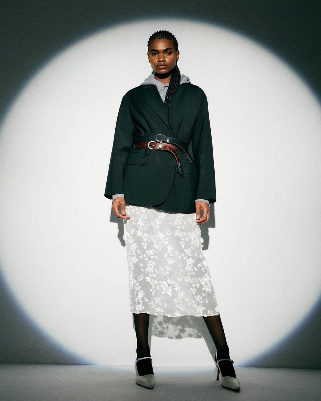 のインスタグラム：「The Ione Velvet Burnout Slip Skirt, The Tropical Wool Detached Lapel Liam Blazer & The Calf Bob Slingback.」