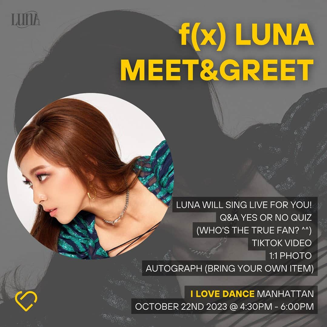 さんのインスタグラム写真 - (Instagram)「NYC Meet&Greet with f(x) Luna is coming up this Sunday, October 22nd at 4:30PM! 🤩🤩  We have a few spots left so make sure to get your ticket now! (Link in bio).   What will happen during the Meet&Greet? See below!! ⬇️⬇️  🎤 Live Performance (Luna will sing for you!) ❔Q&A -Yes or No Quiz (Who's the true fan? ^^) 🎥 TikTok Video 🤳 1:1 Photo ✍️ Autograph (Bring your own item)  #ILOVEDANCE #DanceClass #LUNA #Kpop #KpopDanceClass #FanMeeting #FanMeetingNYC #Workshop #FX #FXLUNA」10月21日 6時31分 - hermosavidaluna