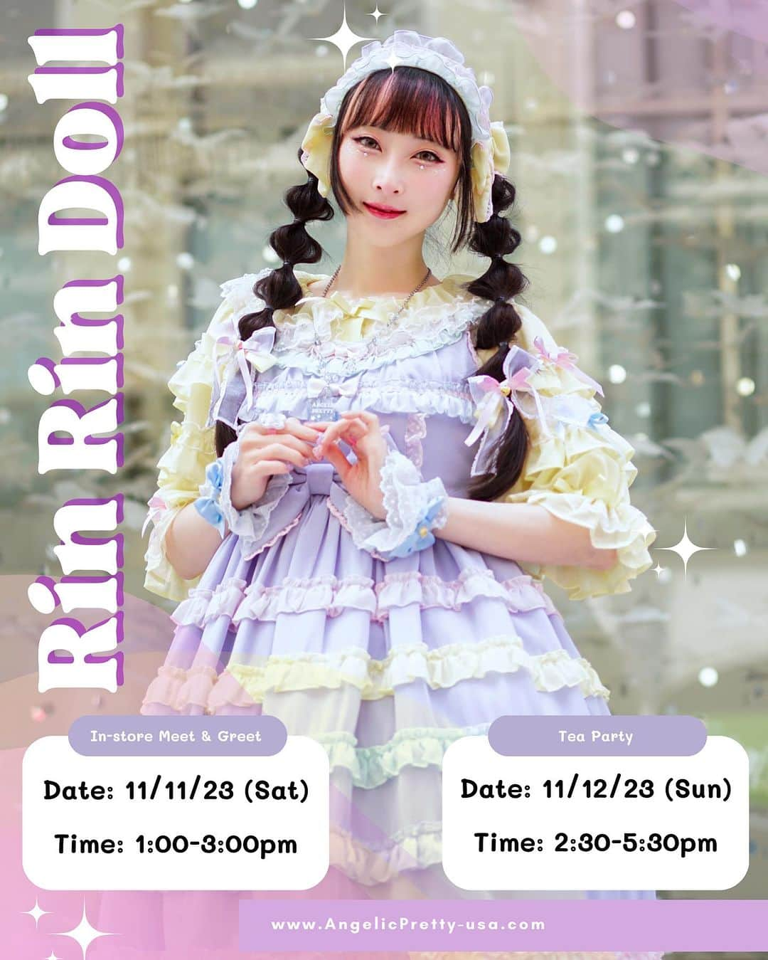 RinRinのインスタグラム：「Only Few Tickets Left!!!  🌟Mini Anniversary Tea Party🌟 Celebrate our 13th Anniversary!!  11/12/23 (Sun) 2:30-4:30pm Special Guest RinRin Doll✨ $50 purchase qualify for $75 ticket   🌟RinRin Doll Meet&Greet🌟 11/11/23 (Sat) 1:00-2:30pm Free ticket with purchase of $50 or more.  Tickets available online from 10/13/23 12pm♪  *Purchase made at Angelic Pretty USA online or Angelic Pretty San Francisco store from 10/13/23 (Fri) will qualify. *Purchase over $100 will qualify for both Tea Party and Meet&Greet ticket. *Purchase of gift certificate will not count towards purchase requirement.  #angelicprettyusa #angelicpretty #rinrindoll #lolitafasion #jfashion #teaparty #meetandgreet #kawaiifashion」