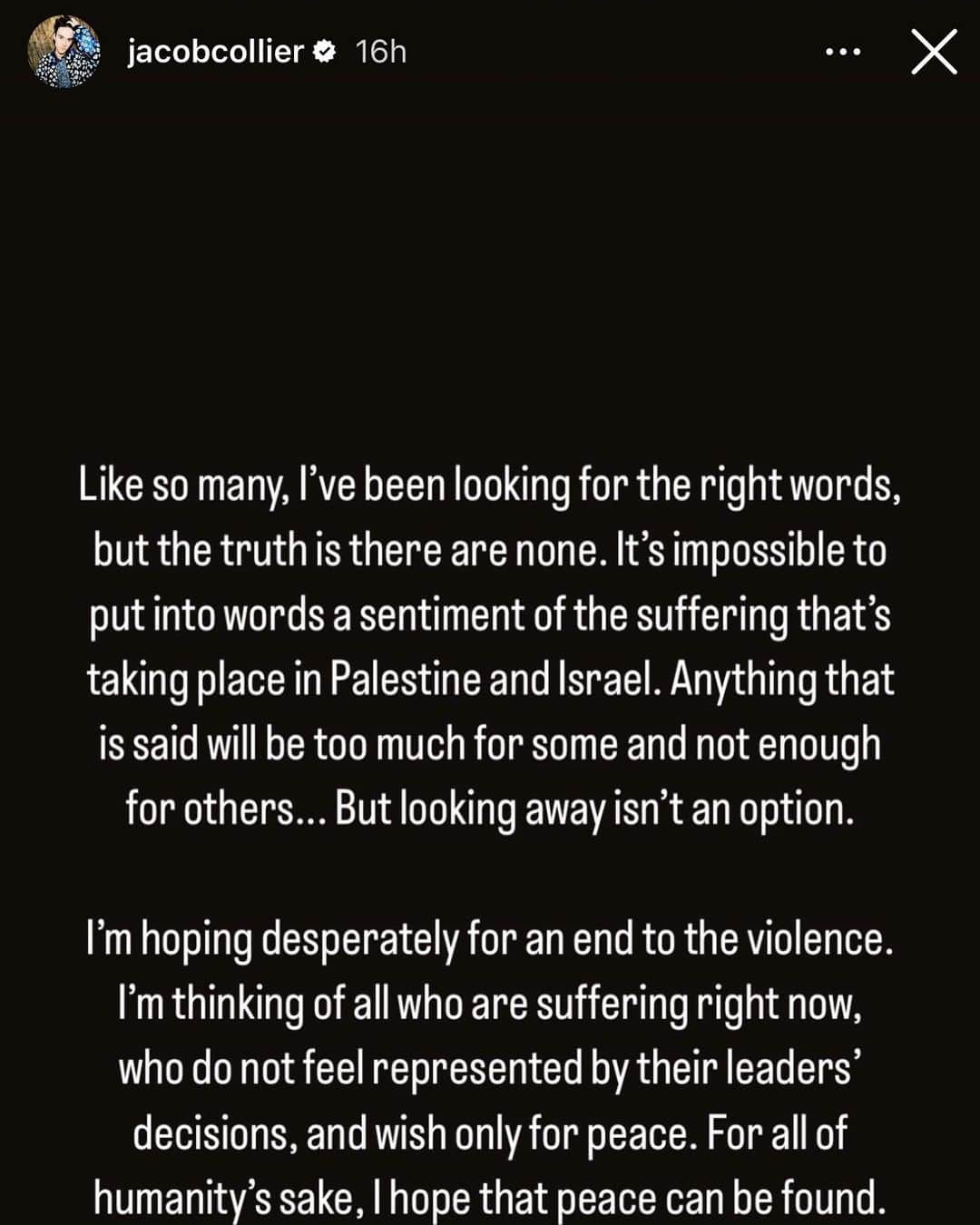 ブライアン・メイのインスタグラム：「I, too, have been struggling, feeling I need to say something, yet unable to find the right words.  I think the amazing Jacob Collier has said it right.  I’m praying for a cease-fire, and deliverance of all the innocent children, and all the innocent grown-ups who want nothing more than to bring their children up in safety and peace.  I stand for the children.  Bri」