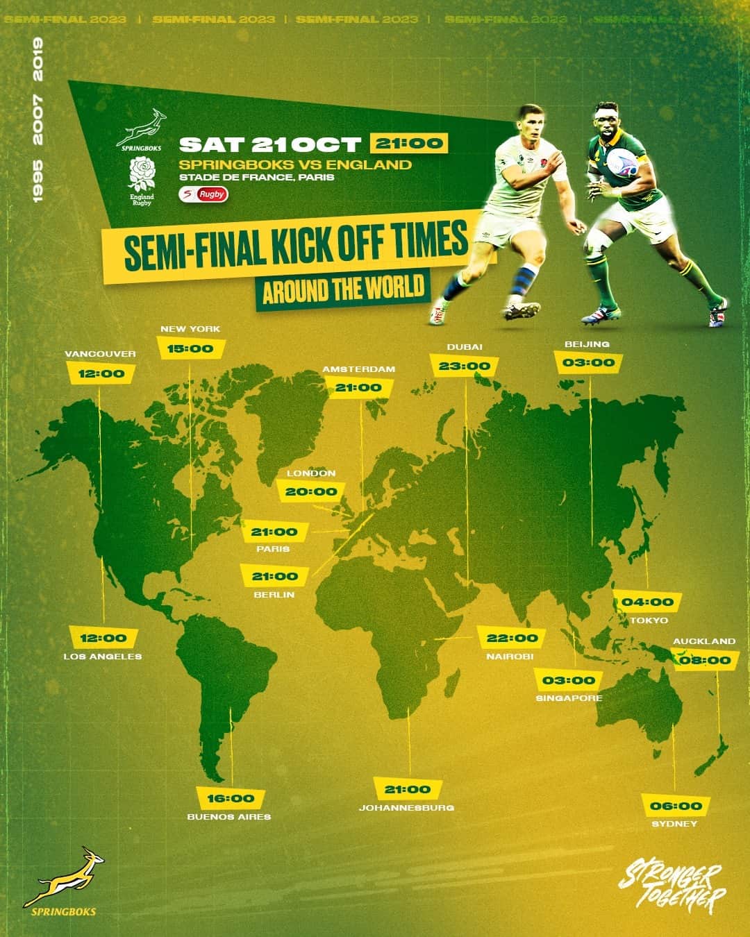ラグビー南アフリカ代表のインスタグラム：「Kick off times for tonight’s semi-final clash 🏆  Where will you be supporting from?  #StrongerTogether #RWC2023 #Springboks」