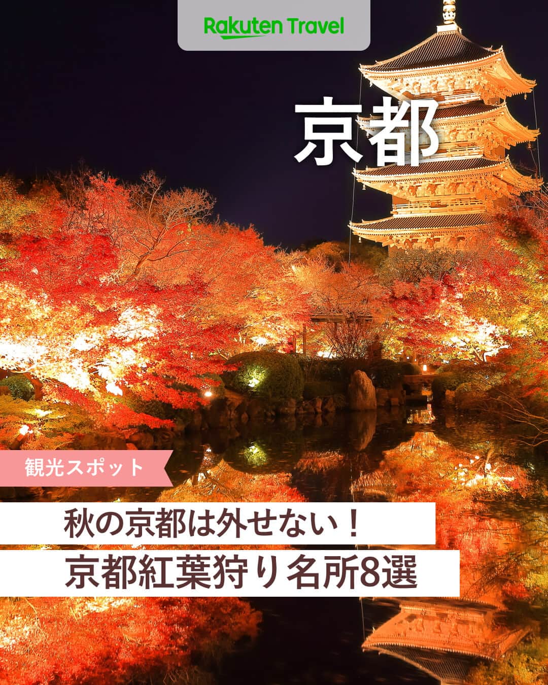 楽天トラベル のインスタグラム：「投稿を保存して見返してね😊 毎日おすすめの観光スポットやホテルを紹介している 楽天トラベル💚 👉@rakutentravel  ーーーーーーーーーーーーー  ライトアップされた紅葉が一段と幻想的な京都を紹介します🍁 定番から穴場スポットまでこの季節にしか見られない素敵な景色を京都で味わってみてはいかがですか…🤍  ーーーーーーーーーーーーー  1　#清水寺 2　#圓徳院 3　#東寺 #教王護国寺 4　#永観堂禅林寺 #禅林寺 5　#嵯峨野トロッコ列車 #嵯峨野 6　#貴船もみじ灯篭 #貴船神社 7　#天授庵 8　#北野天満宮 #もみじ苑  ーーーーーーーーーーーーー  #rakutentravel をつけて投稿してくだされば、 あなたの撮った写真が楽天トラベルアカウントに掲載されるかも👀  旅の計画に夢中になれるインスタマガジン👜 楽天トラベルをフォローして理想の旅をみつけてね🛫@rakutentravel  いってみたいと思った人は気軽にコメント欄にスタンプ送ってね💕  ーーーーーーーーーーーーー」