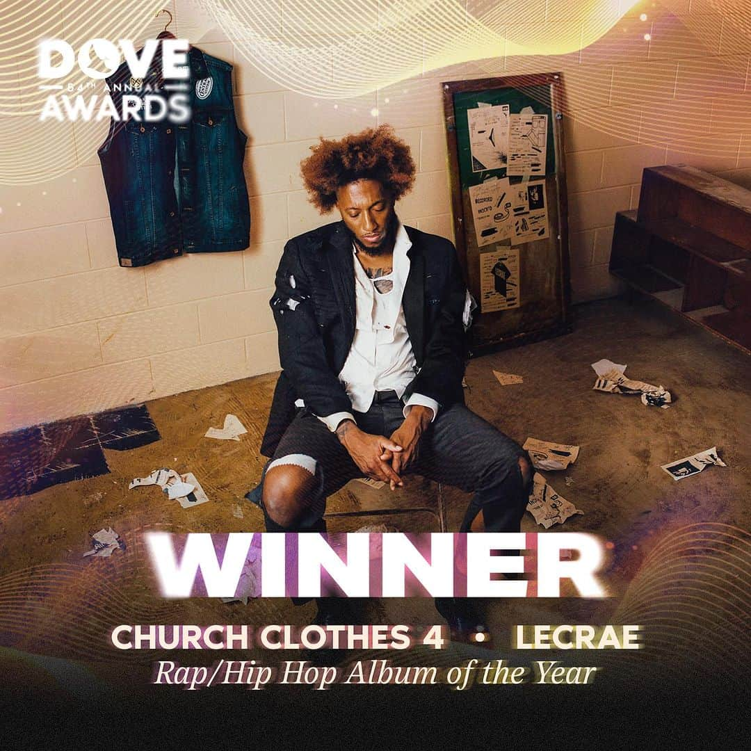 レクレーのインスタグラム：「Congratulations to @lecrae for winning RAP/HIP HOP ALBUM OF THE YEAR for Church Clothes 4 at the 54th Annual GMA Dove Awards!」