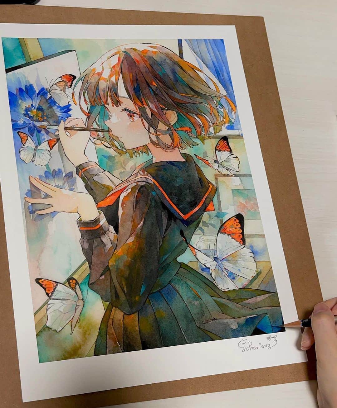 優子鈴のインスタグラム：「サイン入れ＊色きれい…  #透明水彩 #複製原画 #watercolor」
