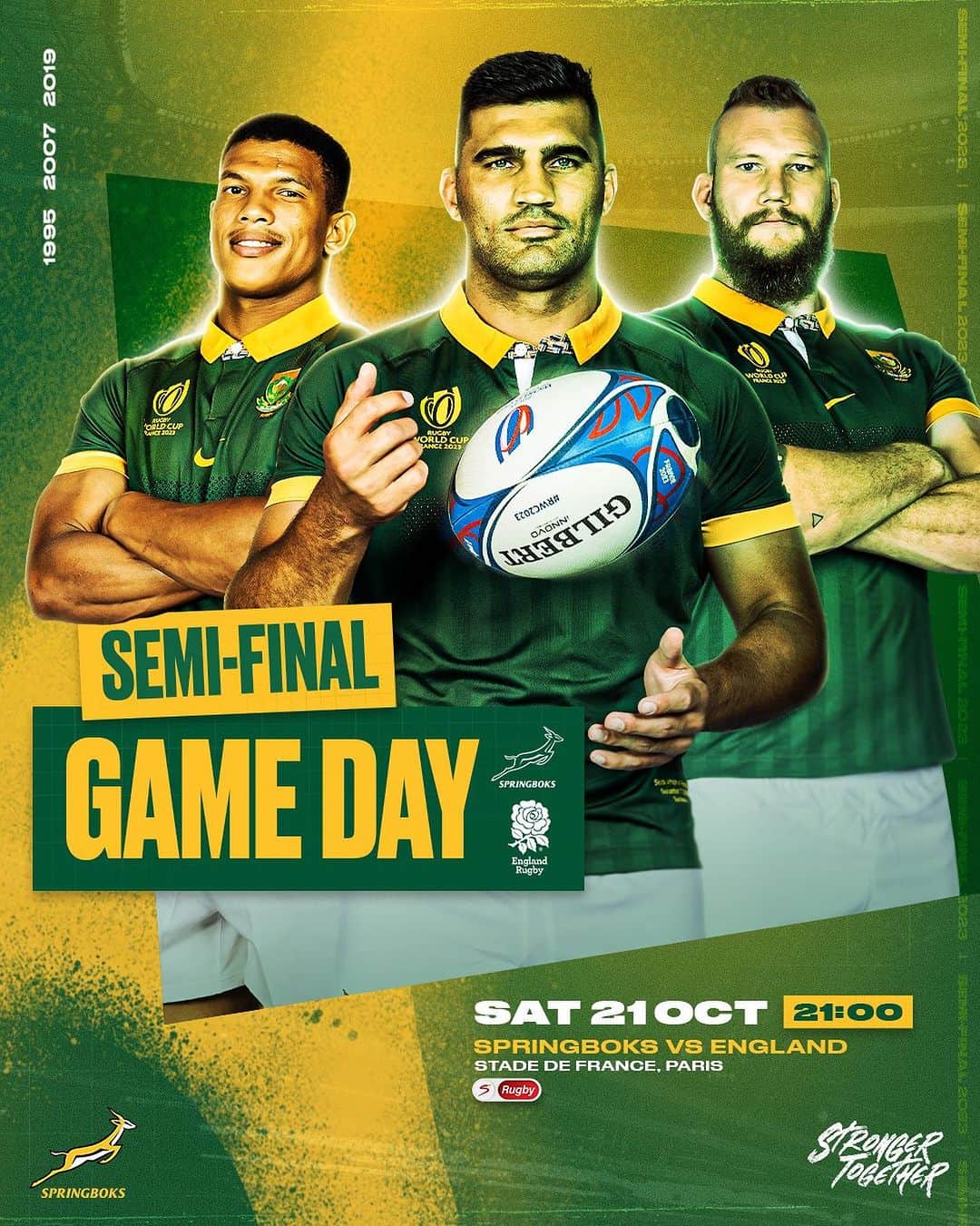 のインスタグラム：「Game Day against England with a spot in the #RWC2023 final up for grabs 🇿🇦  Catch all the action live on SuperSport from 21:00 📺  #StrongerTogether #Springboks」