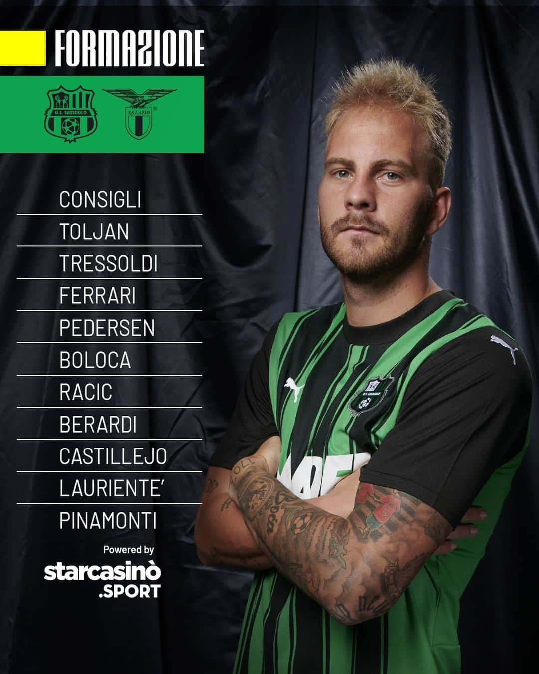 USサッスオーロ・カルチョのインスタグラム：「L’1⃣1⃣ iniziale di #SassuoloLazio👇 Powered by @starcasino.sport   Forza ragazziiiiiiiiiiiiiiiiii!!! 🖤💚🖤💚  #ForzaSasol #IlNuovoModoDiVivereIlSassuolo #VinciPremiConStarCasinòSport」