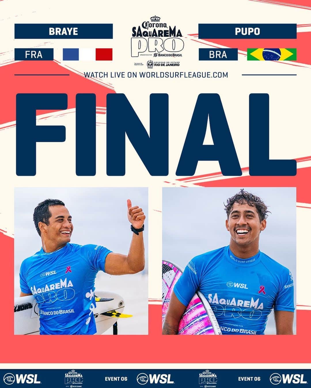 世界プロサーフィン連盟（WSL）のインスタグラム：「The Men’s Final of the @corona #SaquaremaPro is ON! Watch LIVE on worldsurfleague.com. @bancodobrasil」
