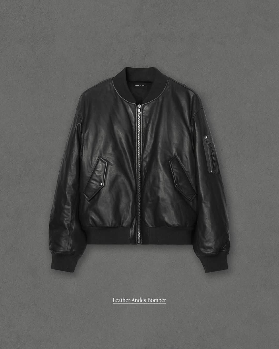 ジョン エリオットのインスタグラム：「Leather Andes Bomber + Caribou Bootcut - Available Now.   Our Made in Los Angeles leather assortment introduces two all-new designs. The Andes Bomber is crafted in lambskin with insulated fill and a lux cupro-lined interior. This silhouette has a more traditional, boxy fit as compared to previous bomber iterations.   Additionally, our latest pant offering is The Caribou Bootcut. This of-the-moment style is crafted in lamb plongé, with a mid-rise waist and straight leg that subtly flares into a baby bootcut hem.」