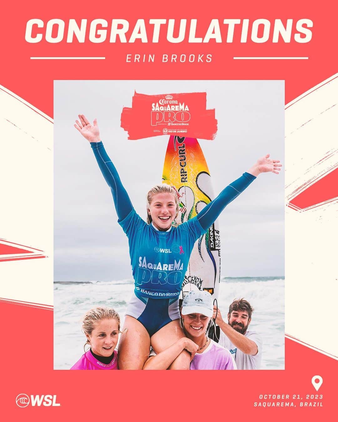 世界プロサーフィン連盟（WSL）のインスタグラム：「Congratulations @erinbrookssurf, winner of the @corona #SaquaremaPro! 🏆 @bancodobrasil」