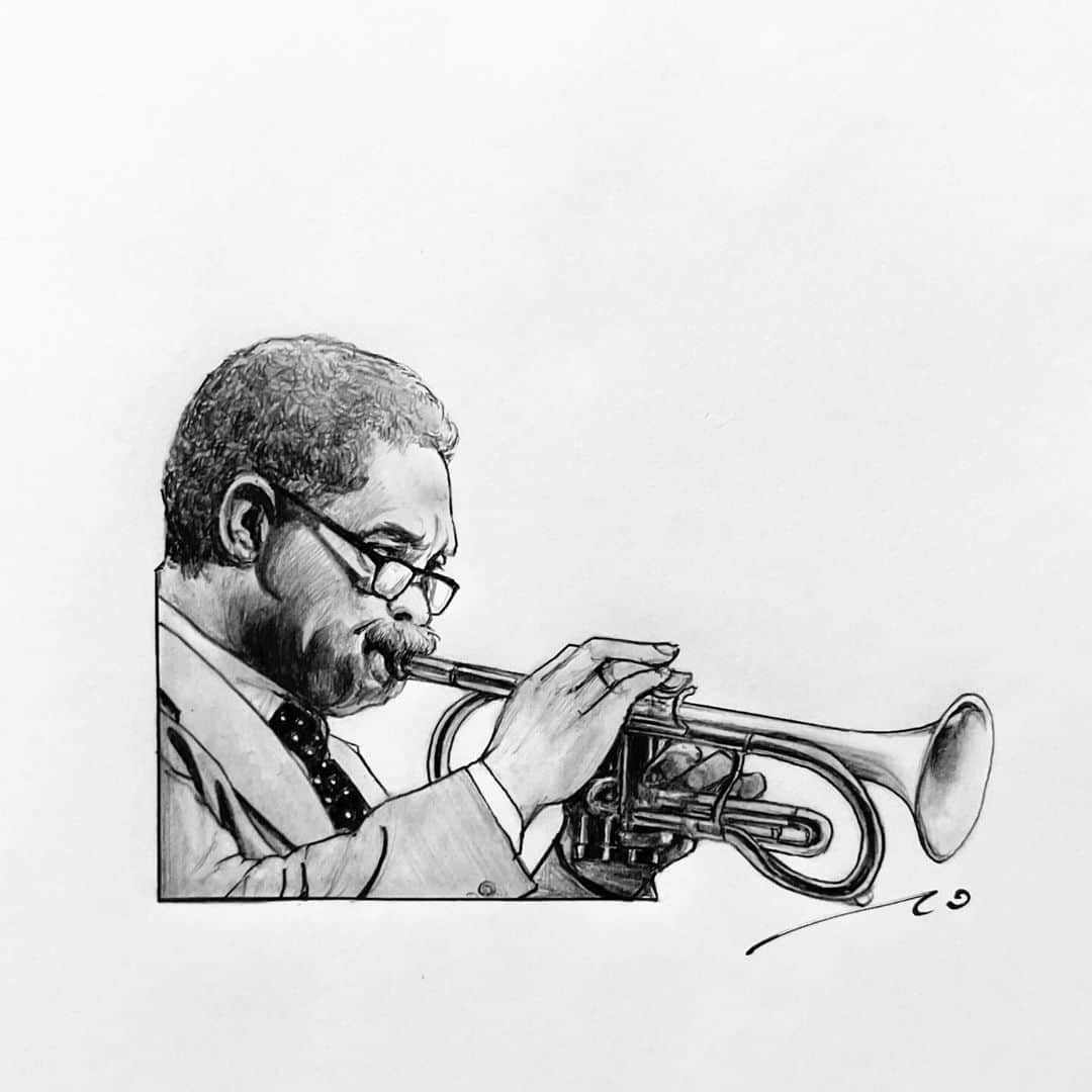 逢坂庵のインスタグラム：「23sketch1022 ・ ・ #jazz #jazzart #jazzhero #artfarmer #jazztrumpet #trumpet #pencilart #portraitsketch #illustration #artwork #illustagram #monochrome #staedtler #ジャズ #鉛筆画 #イラスト #イラストグラム #アートファーマー #トランペット #モノクロイラスト #素描 #ジャズ好きな人と繋がりたい #flugelhorn」