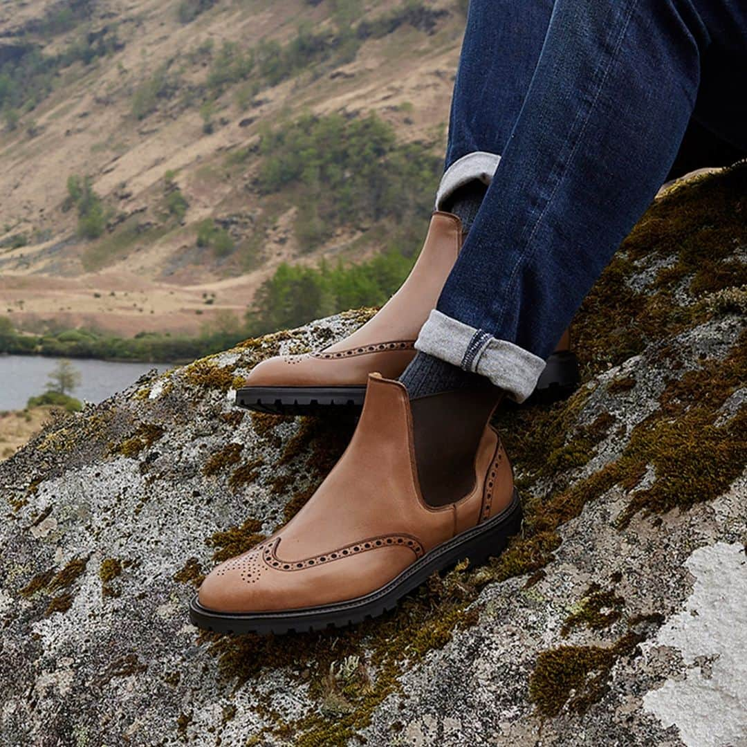 クロケット&ジョーンズのインスタグラム：「NOW LIVE - Harris, a full brogue chelsea boot take on our iconic Islay boot. Featuring the same two and one punching, medallion and leather back strip. Made from our tough and comfortable sand hurricane hide with a chunky vibram rubber sole. . #crockettandjones #madetobeworn #aw23」