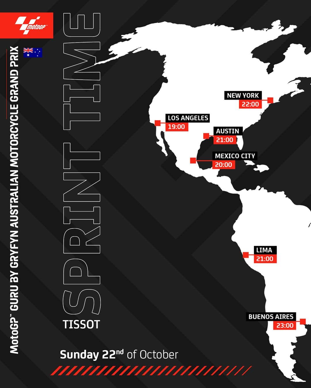 のインスタグラム：「As Sprint Sunday draws near, make sure to set your alarms so you can enjoy the #TissotSprint from start to finish. You don't want to miss a minute of the action from Down Under! ⏰  #AustralianGP #MotoGP #Motorsport #Motorcycle #Racing」