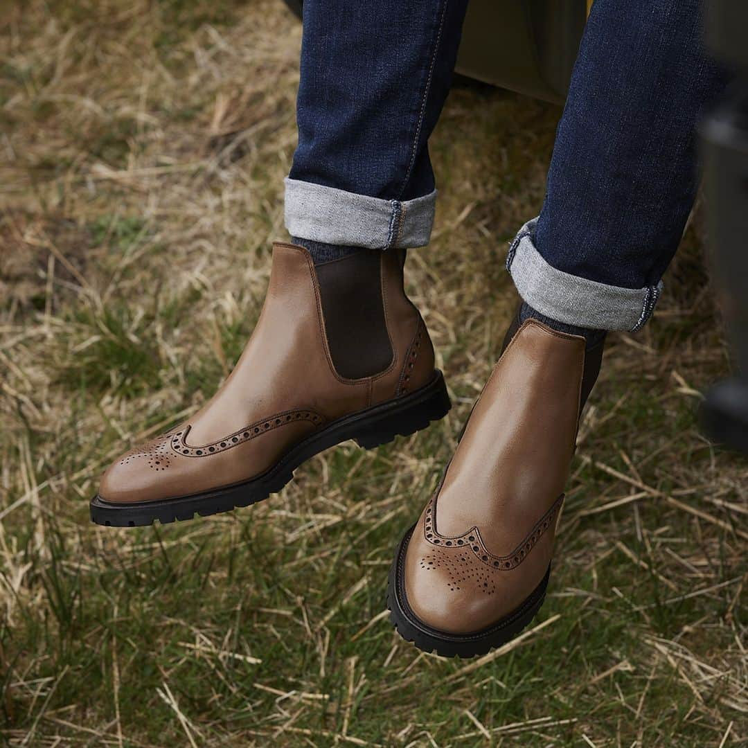 クロケット&ジョーンズのインスタグラム：「NOW LIVE - Harris, a full brogue chelsea boot take on our iconic Islay boot. Featuring the same two and one punching, medallion and leather back strip. Made from our tough and comfortable sand hurricane hide with a chunky vibram rubber sole. . #crockettandjones #madetobeworn #aw23」