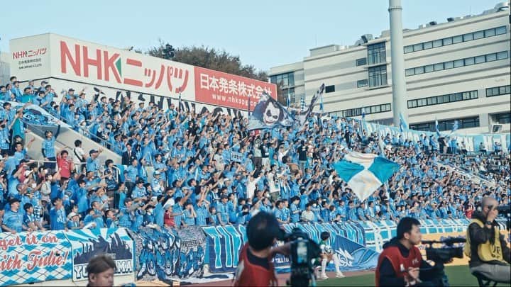 横浜FCのインスタグラム：「本日最後の投稿は試合終了間際、チームの背中を押したファン・サポーターの皆さんの本日一番の声を。  あと4試合。  全員で力を振り絞って、必ず掴み取りましょう。  #yokohamafc  #横浜FC #決めるのは自分たちだ #Jリーグ #JLEAGUE #HAMABLUE #ニッパツ三ツ沢球技場」