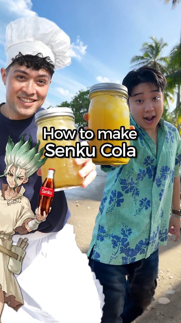 Eden Kaiのインスタグラム：「Here’s a fun little experiment that anyone can try, Homemade Cola from Dr.Stone! 🍹  The incredible ukulele playing you hear in the background is from the man @edenkai_official himself. Huge thanks for helping me make this! (and for not leaving after being pounded by waves)  Ingredients: Honey Lime Sparkling water Coriander Recipe: Chop some coriander nice and fine. Cut lime, squeeze the juice, and zest it. In a pan, caramelize honey until it turns golden brown Mix together and cool off Grab a glass, add ice, sparkling water, and filter your mix inside. #animefood #animecooking #buzzfeedfood #buzzfeedfoods #buzzfeedtasty #tasty #tastyfood #japanesefood #drstone #senku #cola #hawaii jujutsukaisen」