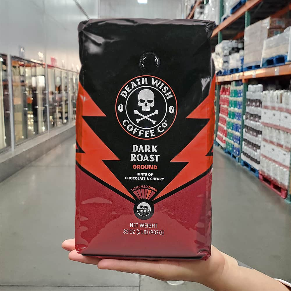 Costcoのインスタグラム：「Bold brews for bold members. Death Wish Coffee, Fair Trade and Organic Ground Dark Roast Coffee is now available at select Costco locations.」