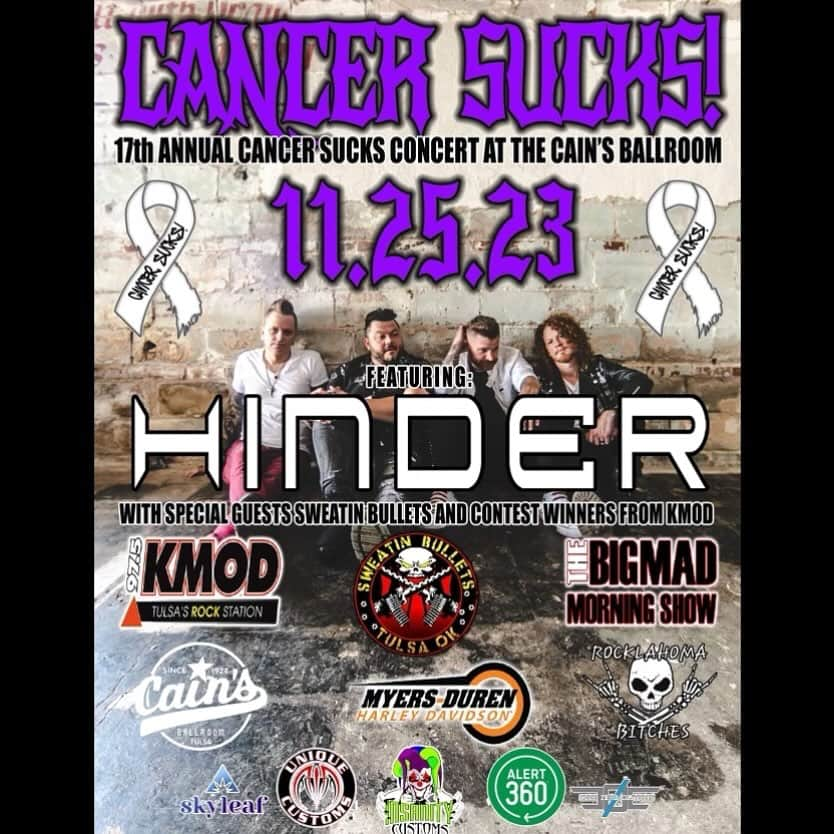 ヒンダーのインスタグラム：「Join us for the 17th Annual Cancer Sucks Concert on Saturday, November 25 featuring Hinder and special guests! All proceeds benefit cancer research.  Tickets are on sale now! Get them before they’re gone!   http://www.etix.com/ticket/p/87986318」