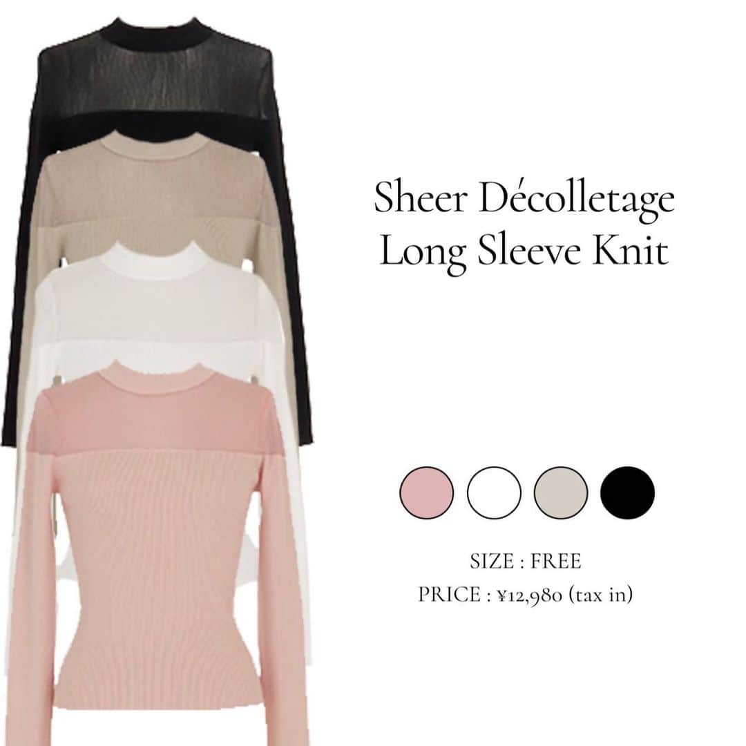 デュラスアンビエントのインスタグラム：「#シアーデコルテロングスリーブニット  <White, Pink, Beige, Black>  もっちりとした滑らかなリブニットは、品のいいクルーネック仕様。  デコルテ～背中にかけて透け感をもたらすことで、重くなり過ぎない見え感に拘りました。  シアー部分も程よく弾力があり、艶のある糸が微かに煌めき、肌を明るく見せてくれます。  ＿＿＿＿＿＿＿＿＿＿＿ ✔︎ @ambient_styling #AMBIENT #ambient_official #ambientstyle #アンビエント #ニット #秋ニット #シアートップス」